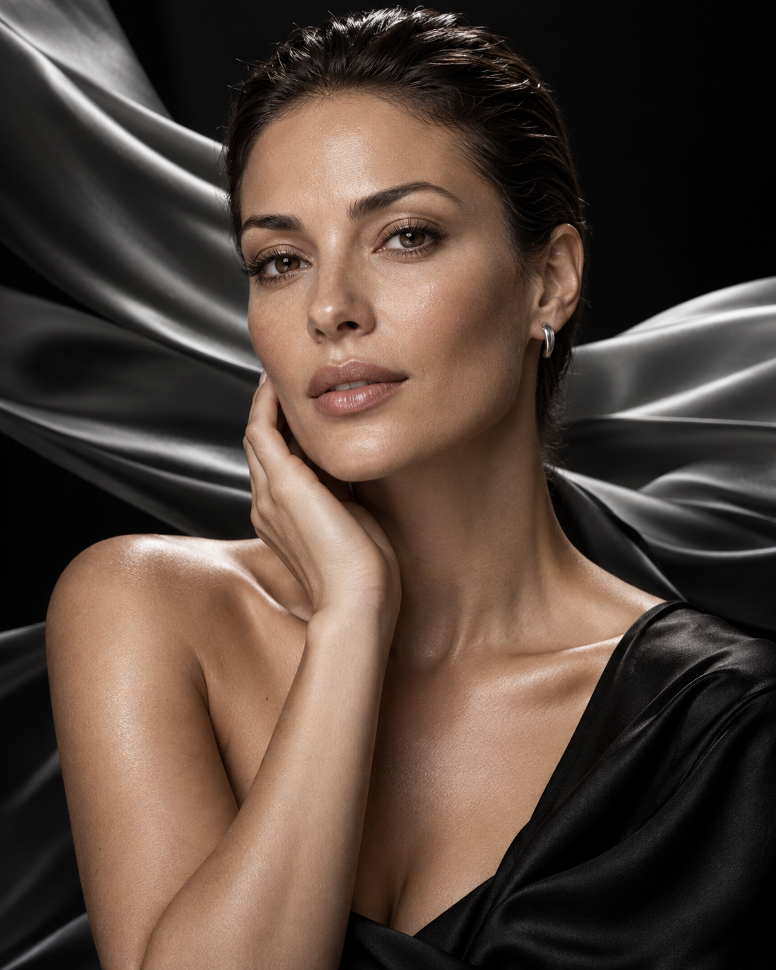 Beauty portrait with natural skin texture against sculptural silver satin
